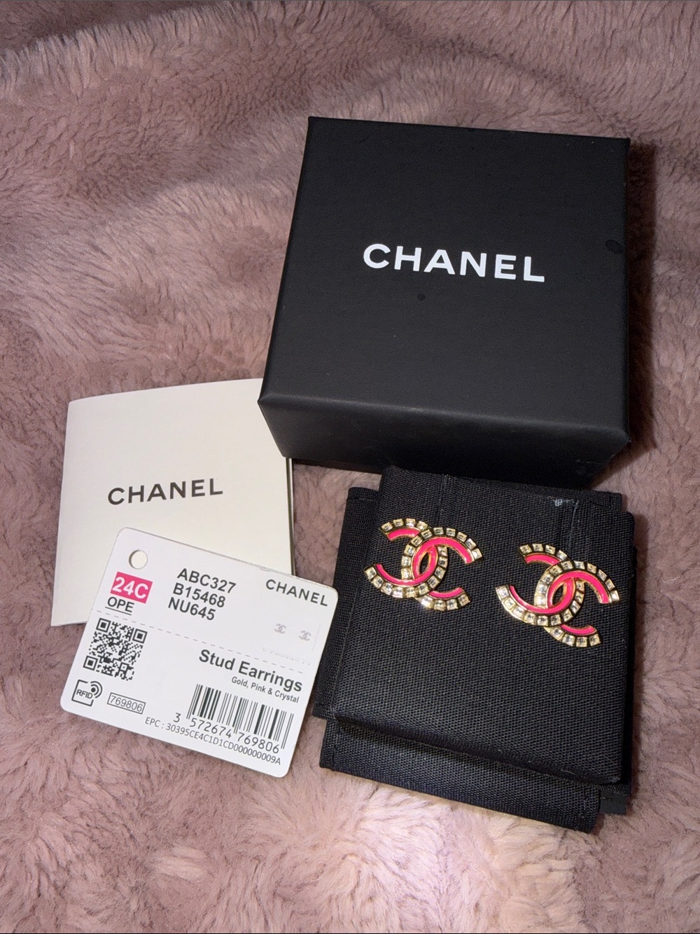 CHANEL Pink and Gold CC Crystal Stud Earrings